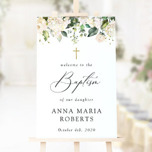 Póster Flores blancas crema, Boho, Bienvenida Bautizo Flo