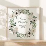 Póster Flores blancas de bonito y verdes estadísticas de<br><div class="desc">Este poster de estadísticas de natalidad de bonito presenta una corona floral con acuarela blanca y flores grises suaves y hojas y follaje verdes, sobre un simple fondo blanco. Añada el nombre de su bebé en un guión moderno y a la moda, y añada todas las estadísticas de nacimiento del...</div>