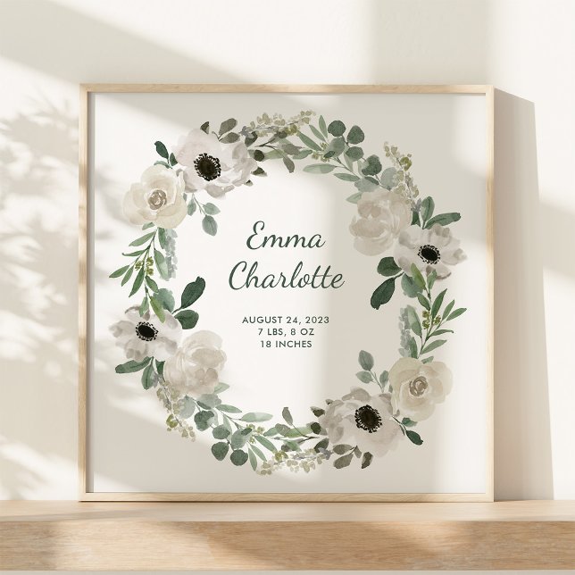 Póster Flores blancas de bonito y verdes estadísticas de  (A pretty, white floral watercolor wreath poster with your newborn baby's birth stats)