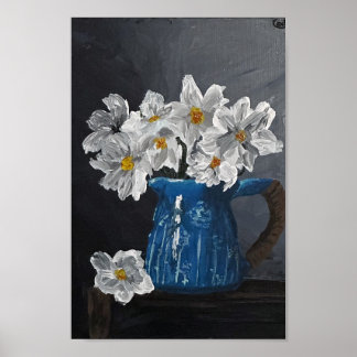 Póster Flores blancas en un poster de lanzador azul