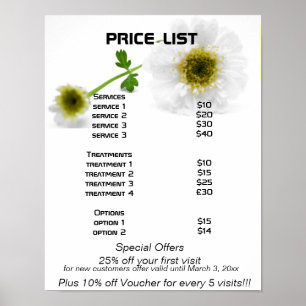 Póster Flores blancas Lista de precios Reiki zen
