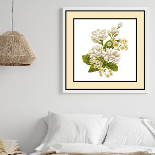 Póster Flores blancas marea el borde amarillo de la línea