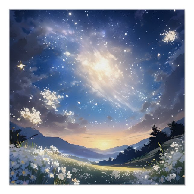Póster Flores blancas rodeadas de estrellas (Anverso)