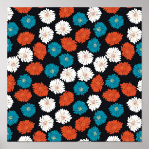 Póster Flores blancas rojas y azules