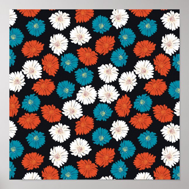 Póster Flores blancas rojas y azules (Frente)