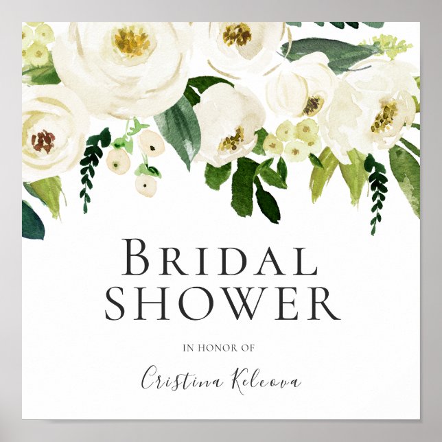 Póster Flores blancas y elegante letrero de boda (Frente)