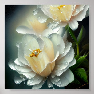 Póster Flores blancas y gotas de agua