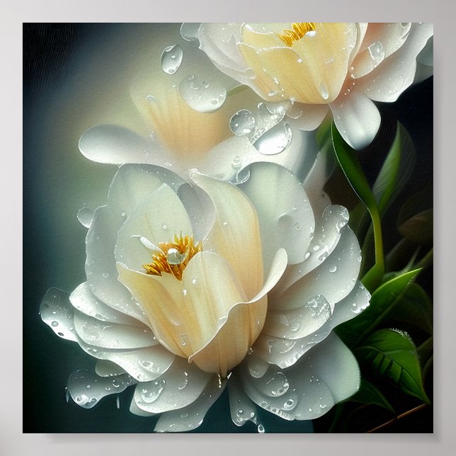 Póster Flores blancas y gotas de agua (Frente)