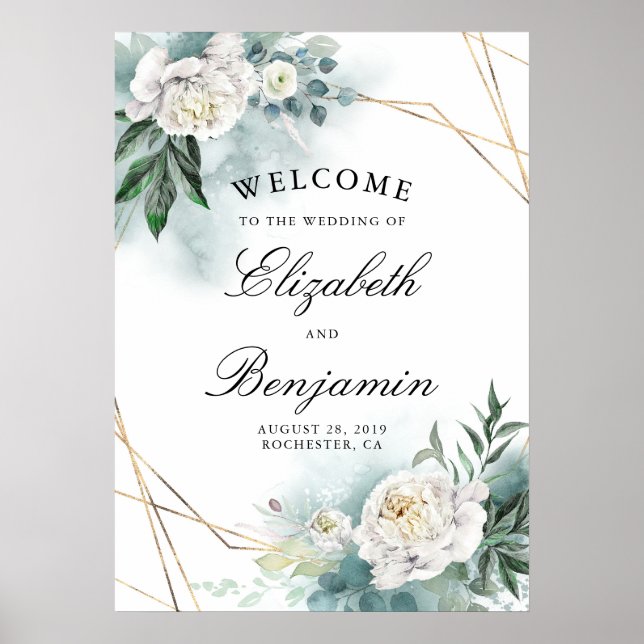Póster Flores blancas y signo de bienvenida Boda de marco (Frente)