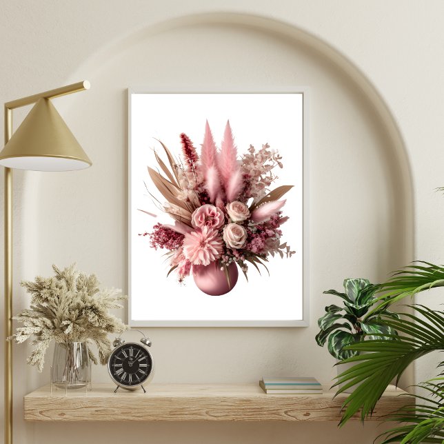 Póster Flores Boho de Pampas Florales Rosadas en Jarrón (Pink Floral Boho Pampas Grasses Wall Art Print)