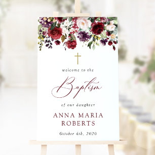 Póster Flores Borgoña, Flores Rosadas, Bienvenida Bautizo
