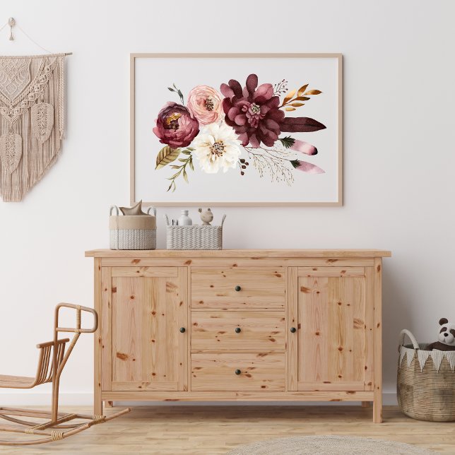 Póster Flores Botánicas Florales Boho Rosa Púrpura Blanco (Purple Pink White Watercolor Floral Wall Art)
