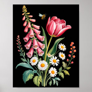 Póster Flores Botánicas Margaritas Tulipán Digitalis Mari
