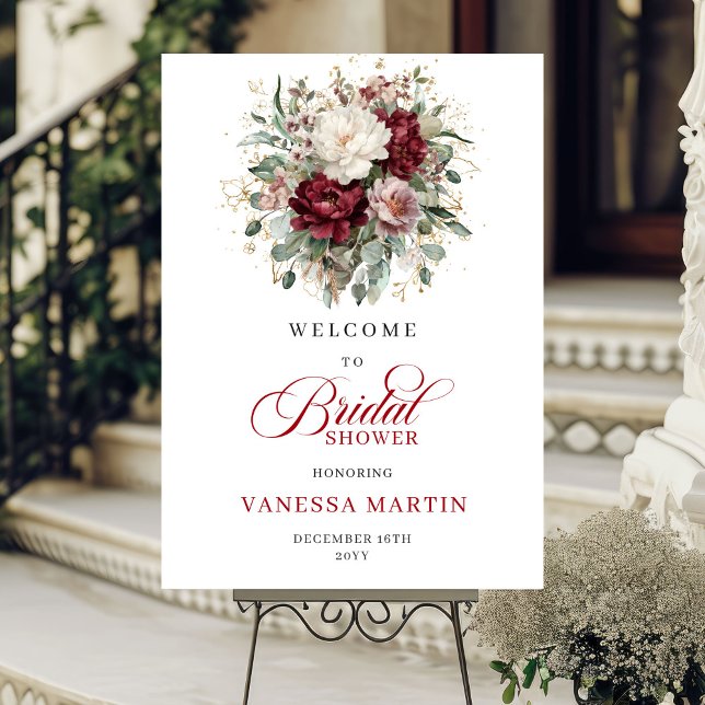 Póster Flores Burgundy Rojo Profundo Bienvenida a la Fies (Deep Red Burgundy Flowers Bridal Shower Welcome)
