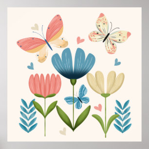 Póster Flores caprichosas y mariposas