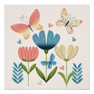 Póster Flores caprichosas y mariposas