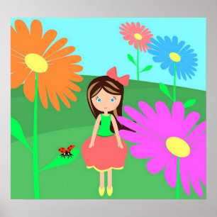 Póster Flores, Chica y Ladybug
