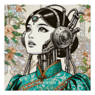 Póster Flores Chicas Fantasy Cute Robot