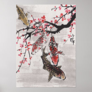Póster Flores chinos del ciruelo de la acuarela KOI del