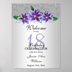 Póster Flores clásicas plateadas y clematis 18º cumpleaño