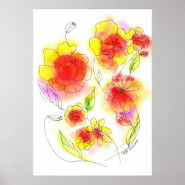 Póster Flores coloreadas abstractas de color rojo y amari