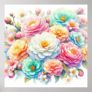 Póster Flores coloridas en tonos pastel suaves acuarela