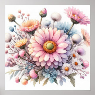 Póster Flores coloridas en tonos pastel suaves acuarela