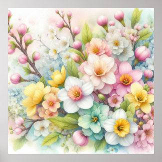 Póster Flores coloridas en tonos pastel suaves acuarela