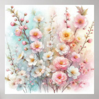 Póster Flores coloridas en tonos pastel suaves acuarela