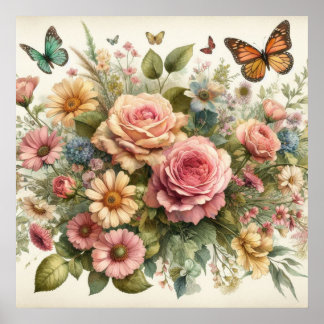 Póster Flores coloridas en tonos pastel suaves acuarela