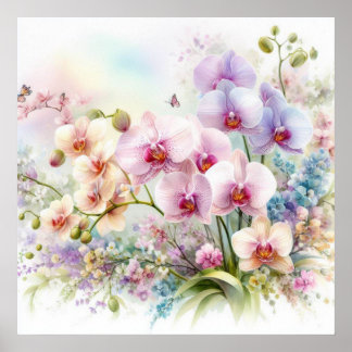Póster Flores coloridas en tonos pastel suaves acuarela