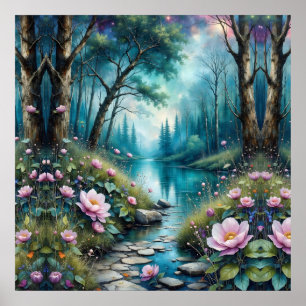 Póster Flores coloridas un arroyo y naturaleza salvaje