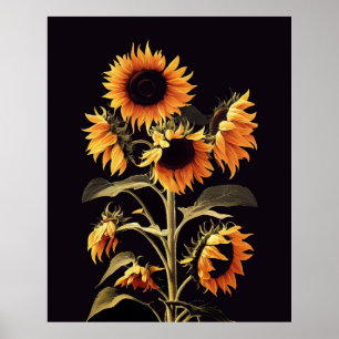 PÓSTER FLORES CON HOJAS VERDES EN NEGRO