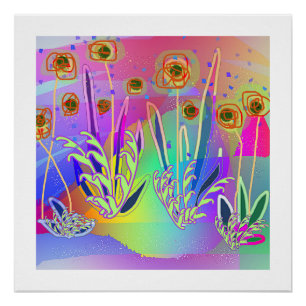 Póster Flores contemporáneas de garabatos de arcoíris