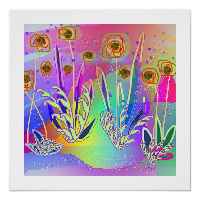 Póster Flores contemporáneas de garabatos de arcoíris (Anverso)