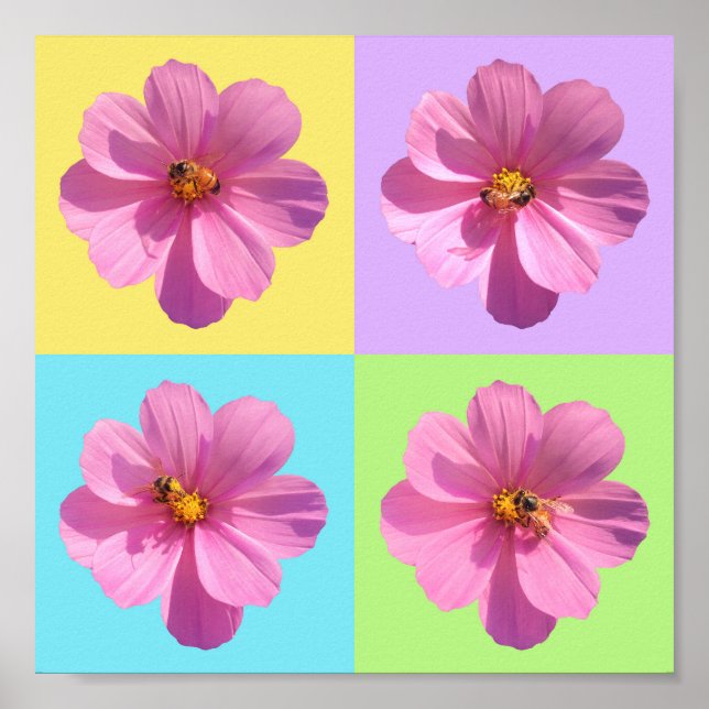 Póster Flores Cosmos de cuatro paneles con abeja de miel (Frente)