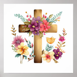 Póster Flores cristianas de cruz y acuarela