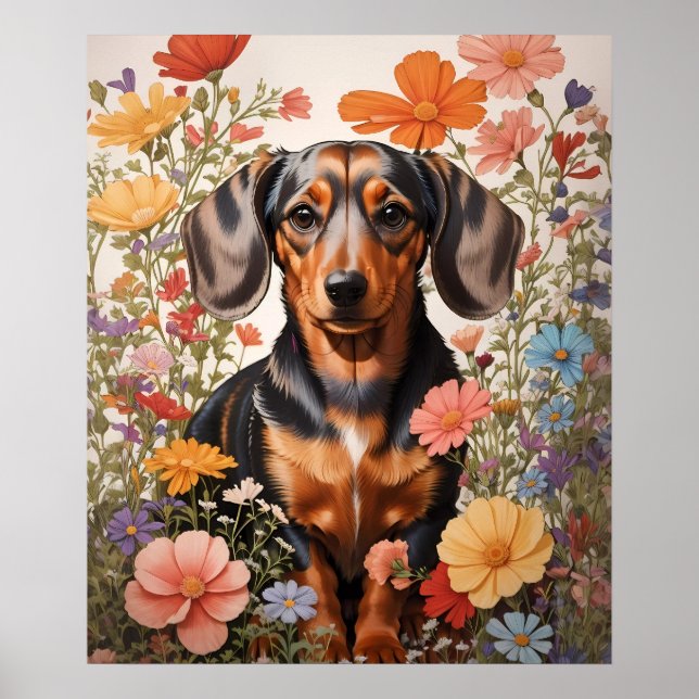 Póster Flores Cute Brown Dachshund Y Cosmos (Frente)