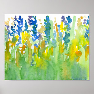 Póster Flores de acuarela amarillas de sol azul real