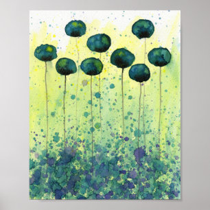 Póster Flores de acuarela amarillas y azul verdoso, pared