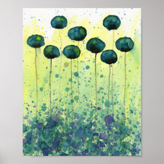 Póster Flores de acuarela amarillas y azul verdoso, pared