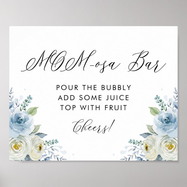 Póster Flores de acuarela azul y blanca barra de mamá-osa (Frente)