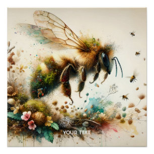 Póster Flores de acuarela de abeja cute de fantasía