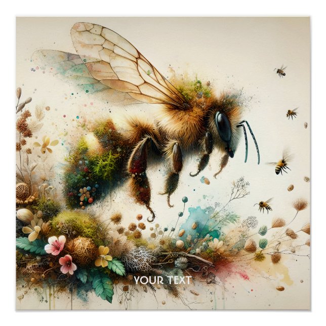 Póster Flores de acuarela de abeja cute de fantasía (Anverso)