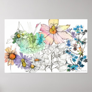Póster Flores de Acuarela Polinizadoras Abejas Manos Dibu
