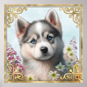 Póster Flores de acuarela y cachorro de Husky Siberiano