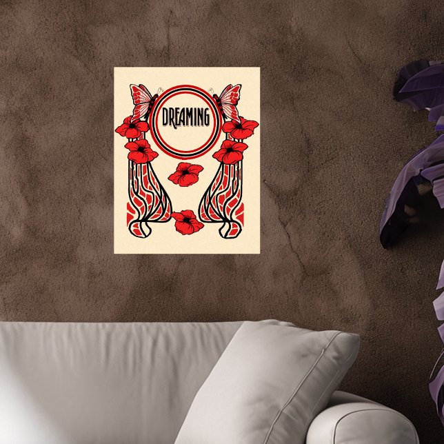 Póster Flores de adormidera roja mariposa Resumen Soñando (Abstract bold design red Black with butterflies and flowers with Dreaming text on cream wall poster.)