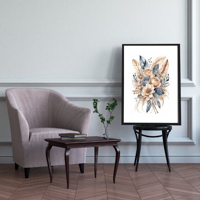 Póster Flores de agua beige azul turquesa con flores de B (Boho Floral Botanical Feathers Wall Art, Watercolor Art print poster, Dusty Blue Beige Neutral Color)
