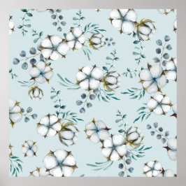 Póster Flores de algodón acuarelas y eucalipto