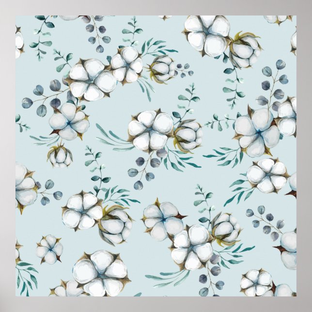 Póster Flores de algodón acuarelas y eucalipto (Frente)